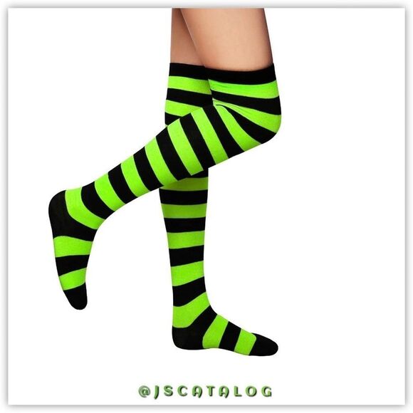 Bright Green & Black Striped Cotton ThighHighs - Picture 4 of 7
